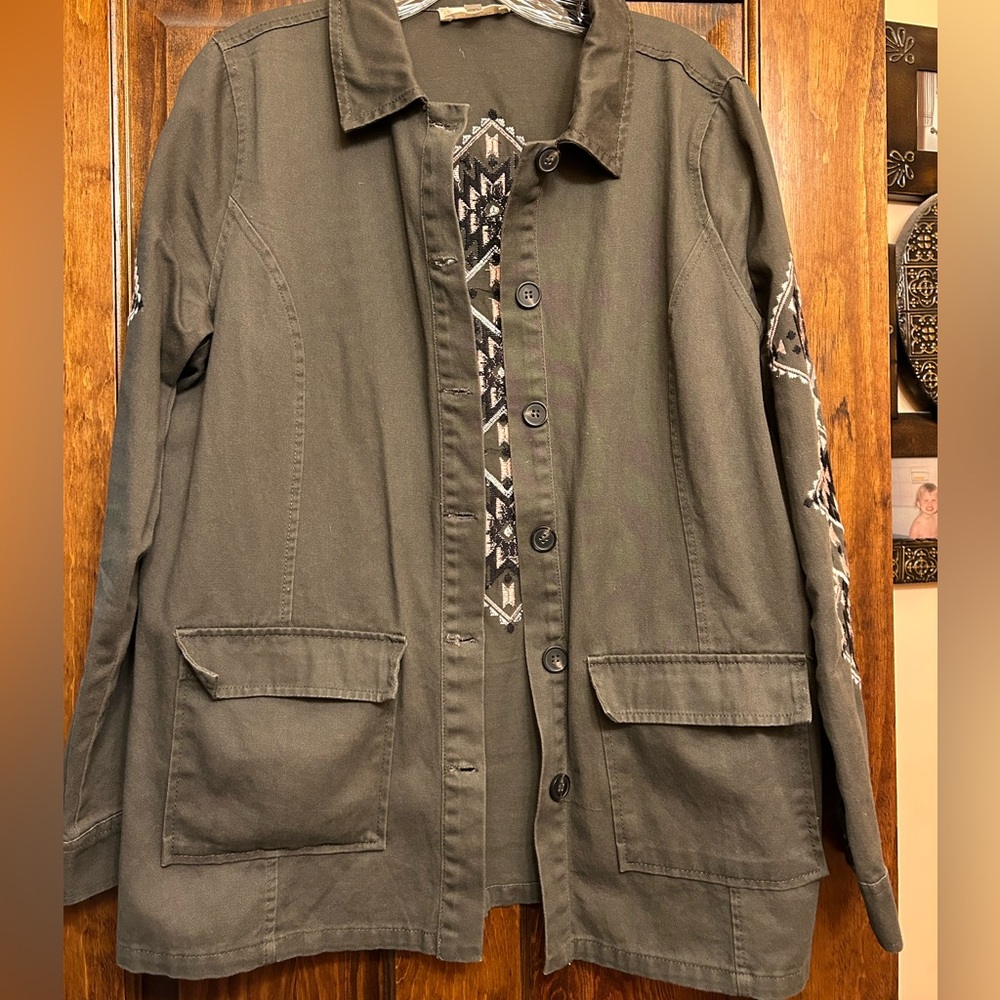 Altar’d state dark olive green utility jacket with aztec print